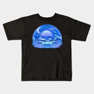 Fast Car Moon Sky in Winter Vintage colors Kids T-Shirt